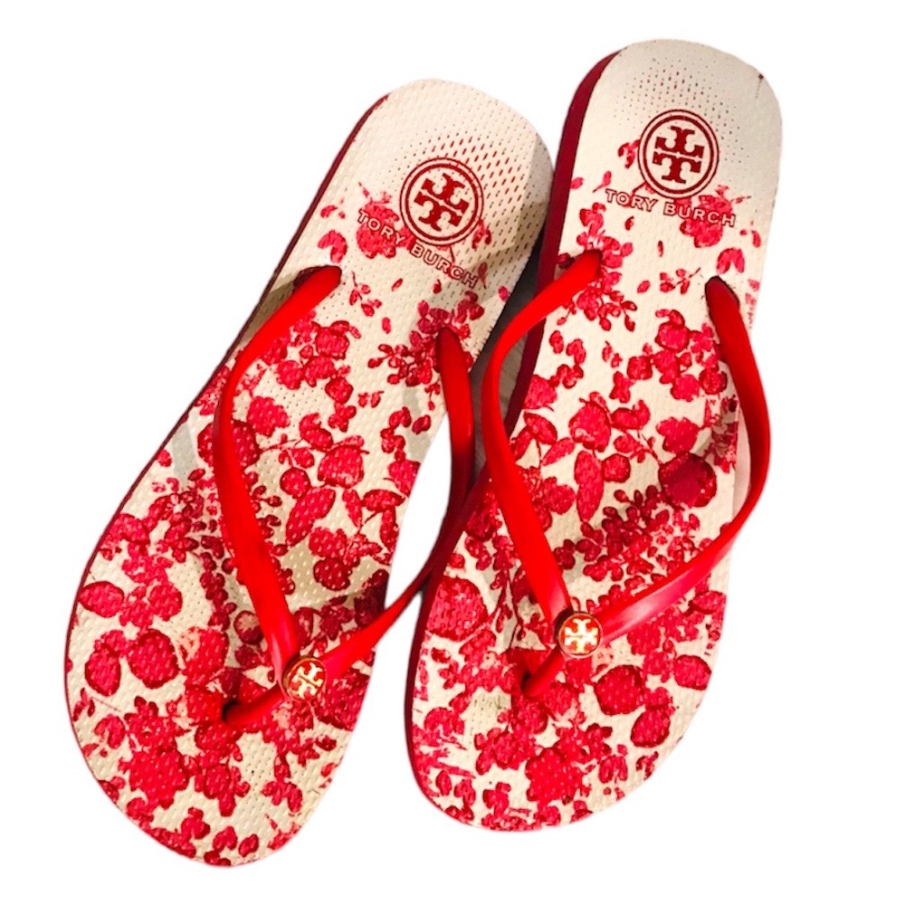 Tory Burch Red Floral Flip Flops Sz M